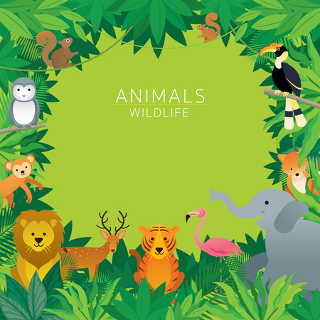 Wild Animals in Jungle, Frame, Kids and Cute Cartoon Styleのイラスト素材