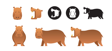 Hippopotamus Vector Set, Front View, Side View, Silhouetteのイラスト素材