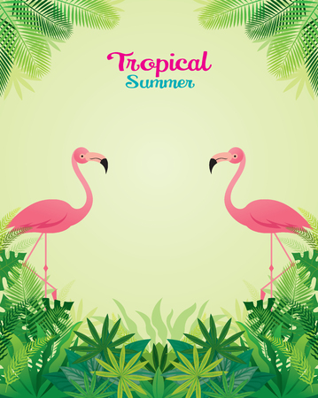 Pink Flamingo with Tropical Jungle Frame , Animal with Plant and Nature, Backgroundのイラスト素材