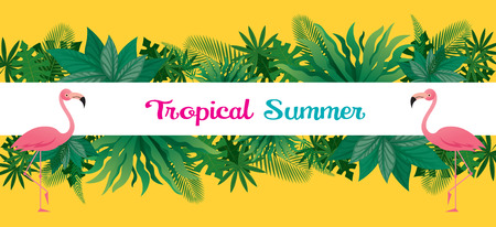 Pink Flamingo with Tropical Jungle Frame, Animal with Plant and Nature, Backgroundのイラスト素材