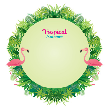 Pink Flamingo with Tropical Jungle Round Frame, Animal with Plant and Nature, Backgroundのイラスト素材