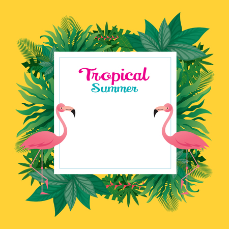 Pink Flamingo with Tropical Jungle Frame, Animal with Plant and Nature, Backgroundのイラスト素材