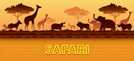 African Safari Animals Silhouette Background, Sunset or Sunrise, Nature Landscapeのイラスト素材