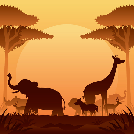 African Safari Animals Silhouette Background, Sunset or Sunrise, Nature Landscapeのイラスト素材