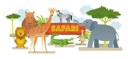 Group of African Safari Animals, Cute Animals, Nature and Wildlifeのイラスト素材