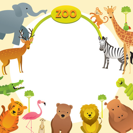 Group of Wild Animals, Zoo, Frame, Entrance Sign, Kids and Cute Cartoon Style