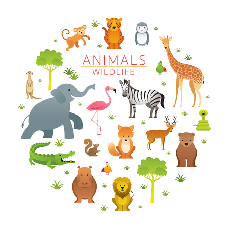 Group of Wild Animals, Zoo, Entrance Sign, Kids and Cute Cartoon Styleのイラスト素材