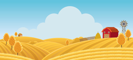 Farm on Hill with Yellow or Gold Field Background, Agriculture, Cultivate, Countryside, Field, Ruralのイラスト素材