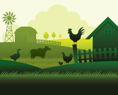 Farm with Animals Silhouette Background, Agriculture, Cultivate, Countryside, Field, Ruralのイラスト素材