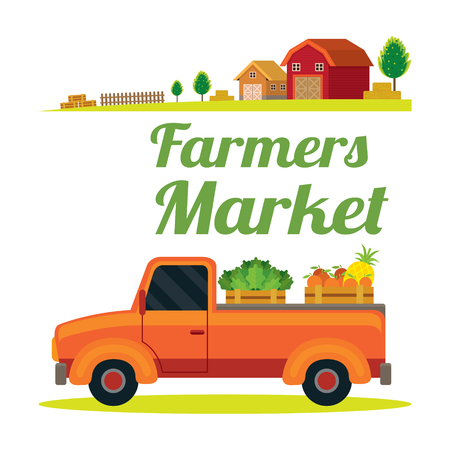 Pick up Truck with Farm Product, Farmers Market, Agriculture, Farm Backgroundのイラスト素材