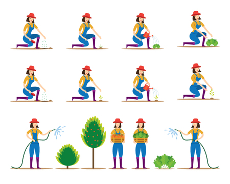Women Character Planting Vegetable and Tree, Gardening, Plantation, Farming, Agriculture Productのイラスト素材