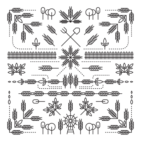 Line Style Design Element Set, Farm Concept, Wheat, Barley, Rice, Tree, Leavesのイラスト素材