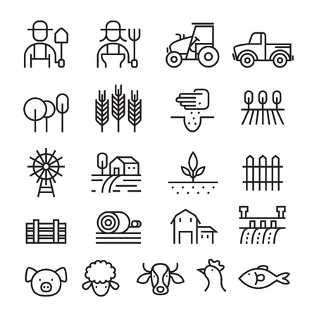Farm and Agriculture Line Icons Set, Farmers, Plantation, Gardening, Animals, Objectsのイラスト素材