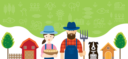 Couple of Farmers Characters with Icons Background, Agriculture, Cultivate, Countryside, Field, Ruralのイラスト素材