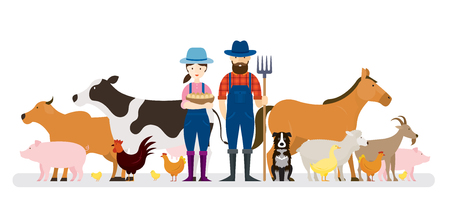 Couple of Farmers and Dog with Farm Animals, Farming, Farmland, Agriculture Productのイラスト素材