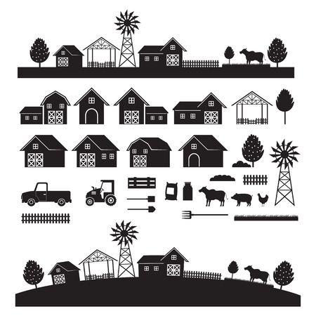 Farm Objects and Landscape, Silhouette Set, Farming, Agriculture, Cultivate and Farmlandのイラスト素材