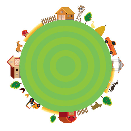 Farm with Animals and Objects Round Frame, Agriculture, Cultivate, Countryside, Field, Ruralのイラスト素材