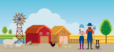 Farmer and Farm with Animals Landscape Background, Agriculture, Cultivate, Countryside, Field, Ruralのイラスト素材