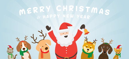 Santa Claus with Cat and Dogs, Christmas, Winter and New Year Celebrationのイラスト素材