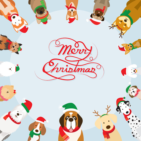 Dogs Wearing Christmas Costume, Frame, Winter and New Year Celebrationのイラスト素材