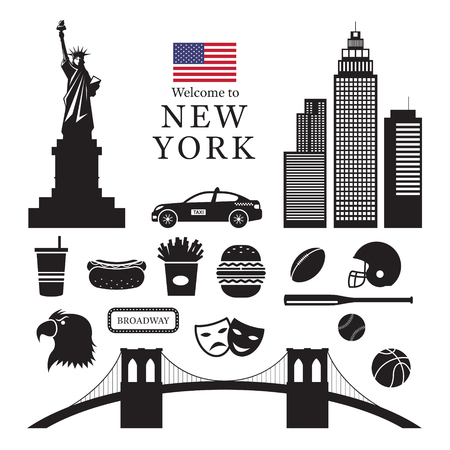 New York Landmarks Objects Silhouette, United States of America, USA, Travel and Tourist Attractionのイラスト素材