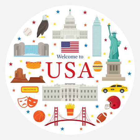 United States of America, USA, Objects Label, Landmarks, Travel and Tourist Attractionのイラスト素材