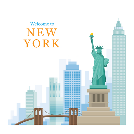 New York Landmarks and Skyscraper, Statue of Liberty, Brooklyn Bridge, Travel and Tourist Attractionのイラスト素材