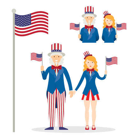 Uncle Sam, Men and Women, Cartoon Character with USA Flagのイラスト素材