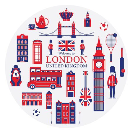 England and United Kingdom Tourist Attractions Label, Famous Place, Travel Destinations and Objectsのイラスト素材