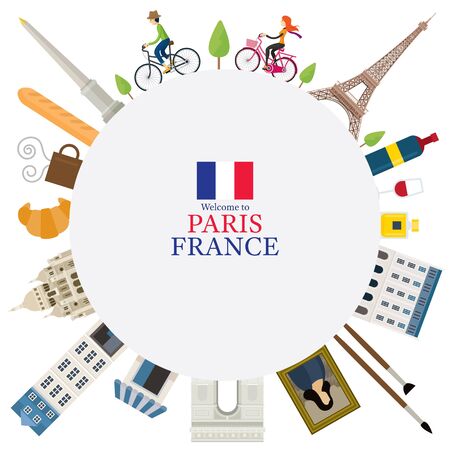 Paris, France Landmarks and Travel Round Frame, People Cycling, Objects, Famous Place and Tourist Attractionのイラスト素材