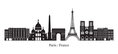 Paris, France Landmarks Skyline, Silhouette, Famous Place, Travel and Tourist Attractionのイラスト素材