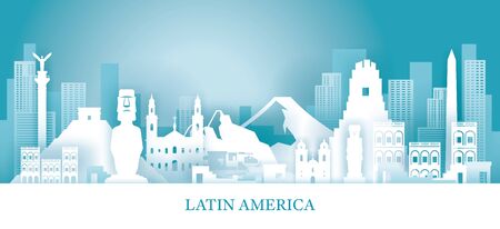 Latin America Skyline Landmarks in Paper Cutting Style, Famous Place and Historical Buildings, Travel and Tourist Attractionのイラスト素材