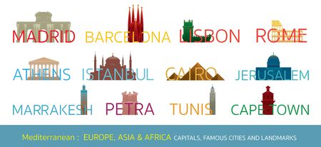 Mediterranean Europe, Africa, Asia Cities Landmarks with Text or Word, Capitals, Famous Place, Buildings, Travel and Tourist Attractionのイラスト素材