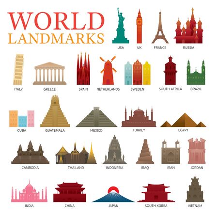 World Countries Landmarks Colorful Silhouette Set, Famous Place and Historical Buildings, Travel and Tourist Attractionのイラスト素材