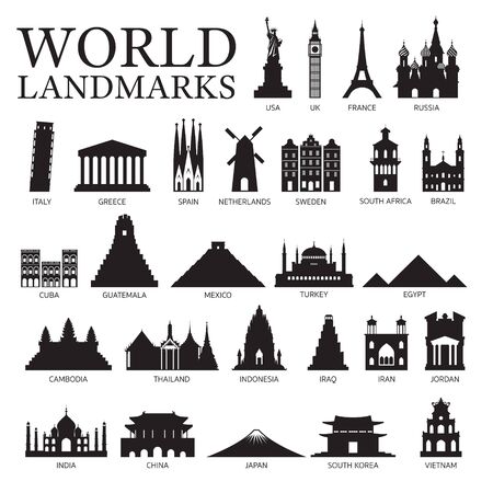 World Countries Landmarks Silhouette Set, Famous Place and Historical Buildings, Travel and Tourist Attractionのイラスト素材