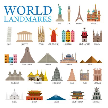 World Countries Landmarks Set, Famous Place and Historical Buildings, Travel and Tourist Attractionのイラスト素材