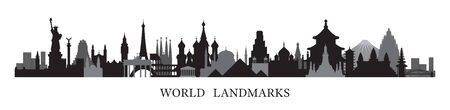 World Skyline Landmarks in Black and White Silhouette, Famous Place and Historical Buildings, Travel and Tourist Attractionのイラスト素材