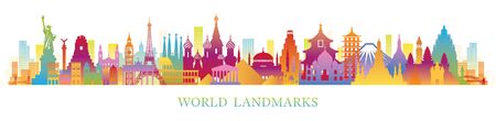 World Skyline Landmarks Silhouette in Colorful Color, Famous Place and Historical Buildings, Travel and Tourist Attractionのイラスト素材