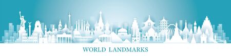 World Skyline Landmarks in Paper Cutting Style, Famous Place and Historical Buildings, Travel and Tourist Attractionのイラスト素材