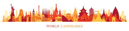 World Skyline Landmarks Silhouette in Colorful Color, Famous Place and Historical Buildings, Travel and Tourist Attractionのイラスト素材