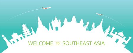 Southeast Asia Skyline Curve Landmarks Silhouette, Famous Place and Historical Buildings, Travel and Tourist Attractionのイラスト素材