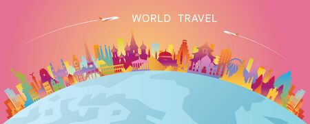 World Skyline Curve Landmarks Silhouette Colorful, Famous Place and Historical Buildings, Travel and Tourist Attractionのイラスト素材