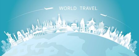 World Skyline Curve Landmarks in Paper Cutting Style, Famous Place and Historical Buildings, Travel and Tourist Attractionのイラスト素材