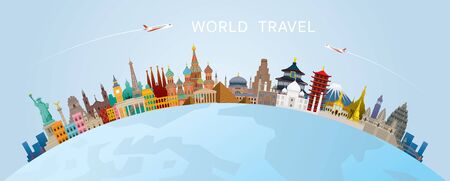 World Skyline Curve Landmarks in Flat Design, Famous Place and Historical Buildings, Travel and Tourist Attractionのイラスト素材