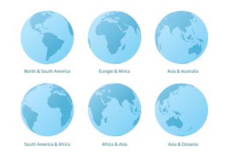 Planet Earth set of Different Continents View, World Globe Map, America, Europe, Africa, Asia, Oceaniaのイラスト素材