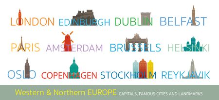 Western and Northern Europe Cities Landmarks with Text or Word, Capitals, Famous Place, Buildings, Travel and Tourist Attractionのイラスト素材