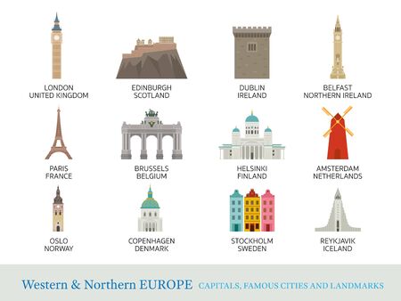 Western and Northern Europe Cities Landmarks in Flat Style, Capitals, Famous Place, Buildings, Travel and Tourist Attractionのイラスト素材