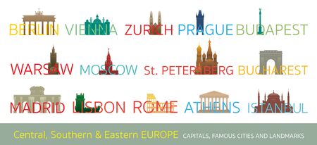 Central, Southern and Eastern Europe Cities Landmarks with Text or Word, Capitals, Famous Place, Buildings, Travel and Tourist Attractionのイラスト素材