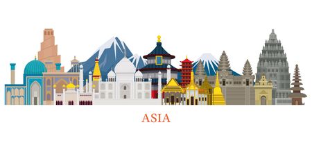 Asia Skyline Landmarks in Flat Style, Famous Place and Historical Buildings, Travel and Tourist Attractionのイラスト素材