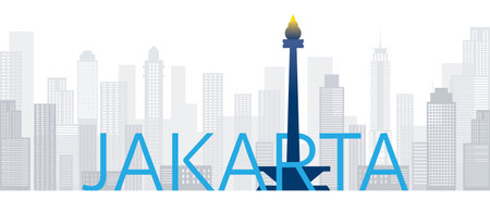 Jakarta, Indonesia Skyline Landmarks with Text or Word, Famous Place and Historical Buildings, Travel and Tourist Attractionのイラスト素材